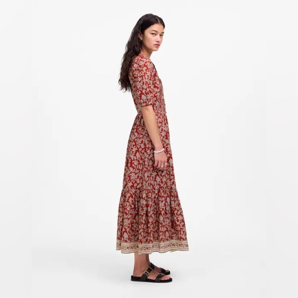 Madewell Pintucked Puff-Sleeve Midi Dress in Red Floral Fall Dress Size 00 NWT - Picture 4 of 15